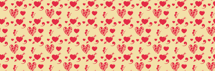 Poster - Beautiful background image with red hearts on a beige background for your design. Seamless background for wallpaper, textures. 