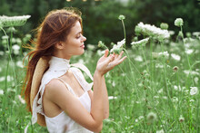 Pretty Woman In White Dress In A Field Flowers Nature