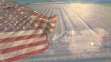 Animation Of Flag Of America Blowing Over Ploughed Field With Hay Bales