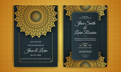 Wall Mural - Modern wedding invitation card design with golden mandala and pattern