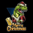 christmas t-rex santa claus dinosaur bringing a glass of beer and partying