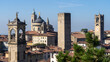 Bergamo, Italy. The old town. Landscape at the city center, the old towers and the clock towers from the ancient fortress called La rocca. Bergamo best of Italy and touristic destination