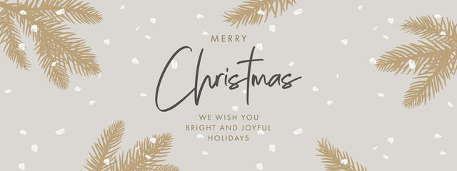 Aufkleber - Merry Christmas and Happy New Year greeting card, horizontal poster, holiday cover, label or flyer template. Elegant Xmas design with hand drawn beautiful fir branches and brush painted falling snow