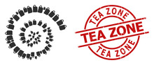 Tea Cup Icon Spiral Rotation Mosaic, And TEA ZONE Textured Stamp. Tea Cup Symbols Are Scattered Into Twist Mosaic Structure. Red Stamp Has Tea Zone Title Inside Circle Shape.