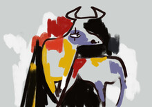 Funny Cute Cow Rough And Sketch Painting Cubism. Inspiration Of Picasso . Energetic Gouache With Rich And Colorful. Painting For Art Print