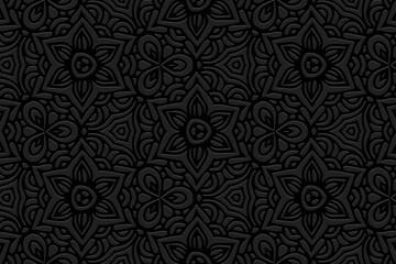  Embossed black background design, floral banner with geometric volumetric convex ethnic 3D pattern. Oriental, Indonesian, Mexican, Aztec style, handmade technique, art deco.