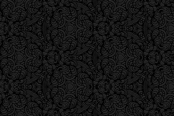 embossed black background design, abstract banner with geometric volumetric convex ethnic 3d pattern