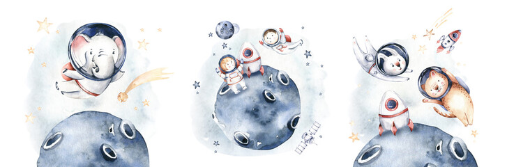 Astronaut baby boy girl elephant, fox cat and bunny, space suit, cosmonaut stars, planet, moon, rocket and shuttle isolated watercolor space ship illustration on white background, Spaceman 