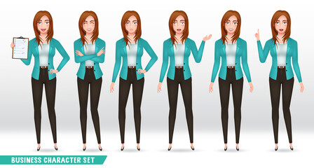 Wall Mural - Business woman characters vector set. Businesswoman character in standing pose and gesture with friendly expression for young female employee collection design. Vector illustration.
