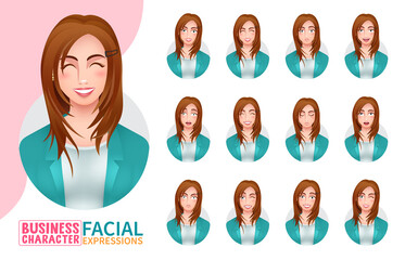 Poster - Business woman facial expressions vector set. Businesswoman characters  with pretty, young and professional faces reaction collection for employee faces graphic design. Vector illustration.
