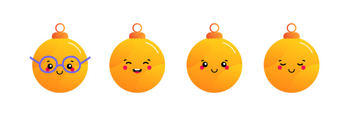 Wall Mural - Set, collection of cute and smiling cartoon style yellow christmas ornaments, christmas balls characters.