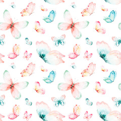  Watercolor colorful butterflies, isolated on white background. blue, yellow, pink and red butterfly spring illustration.