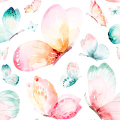 Watercolor colorful butterflies, isolated on white background. blue, yellow, pink and red butterfly spring illustration.