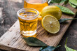 © Maria - Traditional homemade lemon liqueur limoncello and fresh citrus on a wooden table.