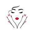 Elegant logo for a beauty salon, nail studio. Line woman portrait with hands. 