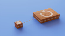 Reload Technology Concept With Refresh Symbol On A Wooden Block. User Network Connections Are Represented With White String. Blue Background. 3D Render.