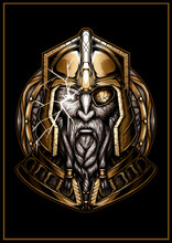 Graphic Portrait Of Scandinavian God In A Gold Armor With A Lightning In The Eye, Bust Of Dwarf With A Beard And Mustache, The Face Of An Old Viking Close-up In A Helmet On The Background Of A Shield.
