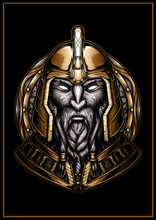 Graphic Portrait Of A Nordic Warrior In A Gold Armor On The Background Of A Shield, A Bust Of A Dwarf With A Braided Beard And Mustache, The Face Of An Old Viking Close-up In A Round Helmet.