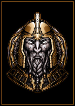 graphic portrait of a nordic warrior in a gold armor on the background of a shield, a bust of a dwar