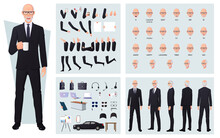 Old Businessman In Black Suit Character Creation Set, Front, Side, Back View Animated Character Man Premium Vector