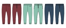 Multi Color Set Of Collection Basic Sweat Pant Technical Fashion Flat Sketch Template Front And Back Views. Apparel Fleece Cotton Jogger Pants Vector Illustration Drawing Mock Up For Kids And Boys. 