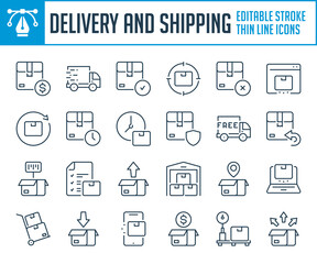 Poster - Delivery service and Package shipping thin line icons. Courier, Delivery box and Order shipment outline icon set. Editable stroke icons.