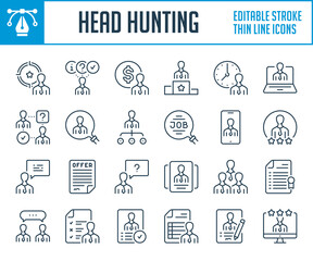 Poster - Head hunting and Job offer thin line icons. Recruitment and Career outline icon set. Editable stroke icons.