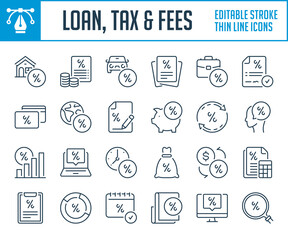 Poster - Loan, Tax and Fees thin line icons. outline icon set. Percentage, Discount and Rate interest Editable stroke icons.