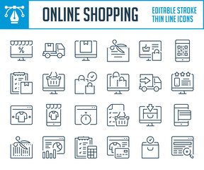 Poster - Online shopping and eCommerce thin line icons. Order online, Shop checkout and Retail market outline icon set. Editable stroke icons.