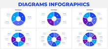 Slides With Pie Charts Infographics Elements For Presentation. Vector Info Graphic Cycle Design Templates. Concept With 3, 4, 5, 6, 7 And 8 Options, Parts Or Steps