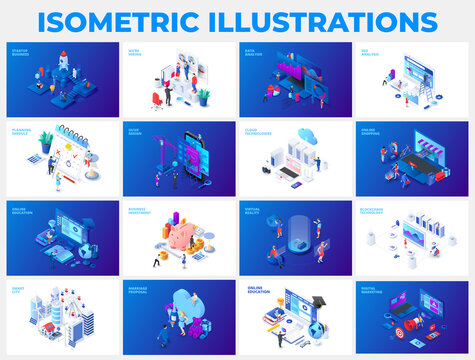 set of isometric darks and lights illustrations. startup, hiring, data analysis, seo, planning, onli