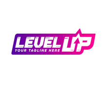 Purple Gradient Level Up Logotype. Typography Logo Design. Creative Negative Space Logo. Flat And Minimal Logo Design. Gaming Dynamic Logo Design.