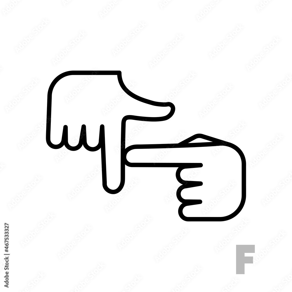 Letter F Universal and handicapped hand alphabet letter. Simple clear linear letter F, hand language. Learning the alphabet, non-verbal deaf-mute communication, expressive gestures vector.