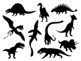 Fototapeta Dinusie - Dinosaurs and dino monsters icons. Predators and herbivores icon collection. Set of black  silhouettes. Dinosaurs from jurassic period. Triceratops T-rex brontosaurus and others