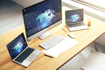 Fototapete - Modern computer screen with abstract graphic coding sketch and world map, big data and networking concept. 3D Rendering