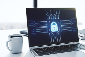 Poster - Computer monitor with creative light lock illustration and microcircuit, cyber security concept. 3D Rendering
