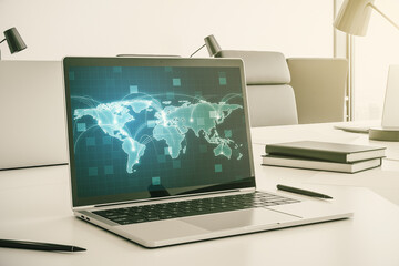 Poster - Computer monitor with abstract graphic digital world map with connections, globalization concept. 3D Rendering