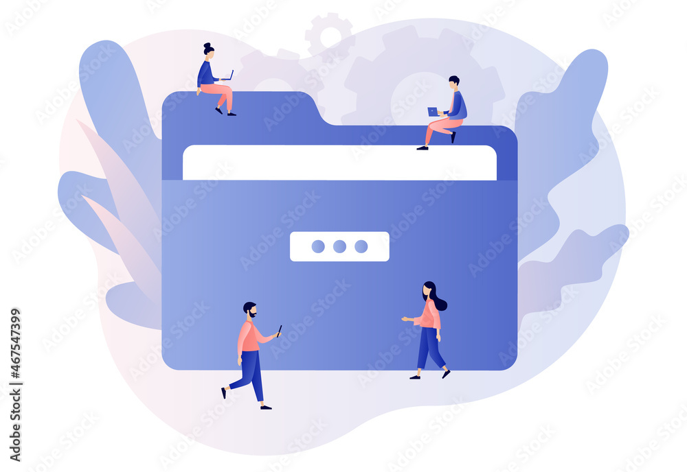 File management concept. Big Folder. Data storage. Documents and media content. Tiny people search files. Modern flat cartoon style. Vector illustration on white background