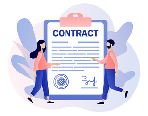Wall Mural - Contract concept. Tiny business people signing agreement, legal document or contract online. Digital signature. Modern flat cartoon style. Vector illustration on white background