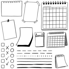 Calendars, memo pages, underlines, check marks paper blanks template in doodle style. Set of cliparts for daily planning, diary. Hand drawn vector graphic elements. Black drawing isolated on white.