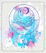 Modern Magic Witchcraft Card With Dream Catcher And Whale With Crescent On Watecolor Background. Vector Illustration
