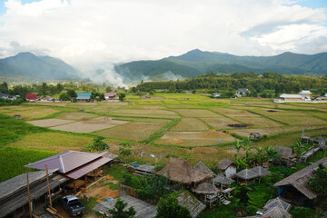 Wall Mural - Topview of the village beside the rice fields in the valley, 
Wat Phuket Temple, Pua District, Nan Province, northern Thailand.