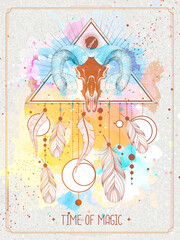 Wall Mural - Modern magic witchcraft card with dream Catcher and animal ram or mouflon skull on watercolor background. Vector illustration