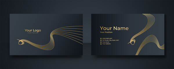 Modern Business Card - Creative and Clean Business Card Template. Luxury business card design template. Elegant dark back background with abstract golden wavy shapes lines shiny. Vector illustration