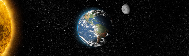 sun star and planet earth and moon in space front view. cosmic background.solar system.elements of t