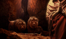 Daniel Thrown Into The Lions Den Praying To God. Biblical Story Theme Concept.
