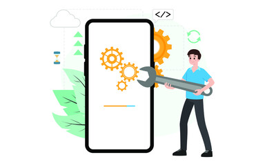 Fototapete - IT administrator with software upgrade process on mobile. Digital system device administration, network upkeeping, smartphone systems configuration concept. System maintenance application vector.