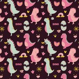 Fototapeta Dinusie - Seamless pattern of funny dinosaurs on a dark background. Pink dinosaur. Background for textile and fabric. Vector illustration
