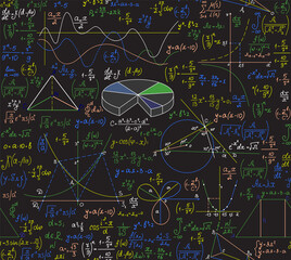 Wall Mural - Multicolored educational vector seamless pattern with math and physics scientific formulas, calculations, equations	
