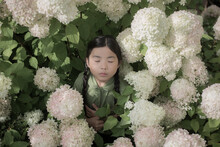 Portrait Of An Asian Girl Standing Within White Hortensia  Flowers Bush In Garden